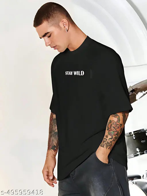 Stay wild skull black baggy mens tshirt backprint