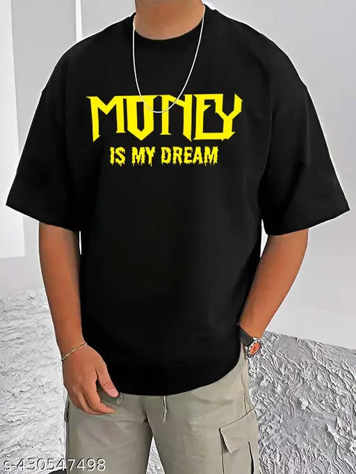 Men's Black Oversized Round Neck Half Sleeve Graphic Printed T-Shirt | MONEY