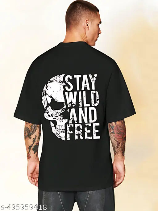 Stay wild skull black baggy mens tshirt backprint