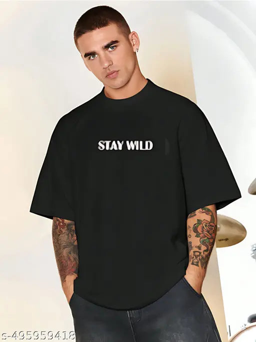 Stay wild skull black baggy mens tshirt backprint